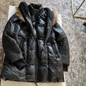 Black Puffer Coat with Fur Trim